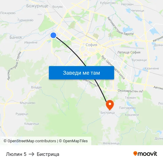 Люлин 5 to Бистрица map