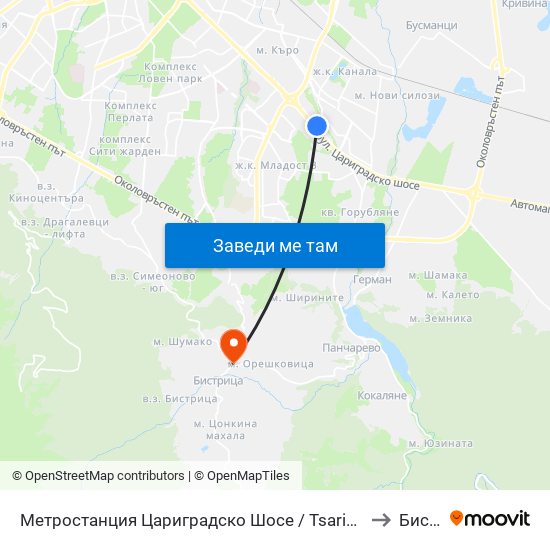 Метростанция Цариградско Шосе / Tsarigradsko Shosse Metro Station (1016) to Бистрица map