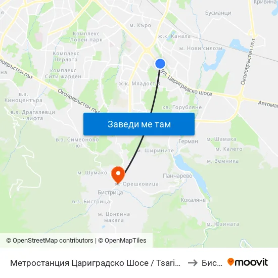 Ⓜ️ Метростанция Цариградско Шосе / Tsarigradsko Shosse Metro Station (1016) to Бистрица map
