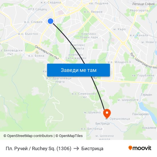 Пл. Ручей / Ruchey Sq. (1306) to Бистрица map