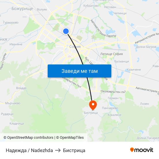 Надежда / Nadezhda to Бистрица map