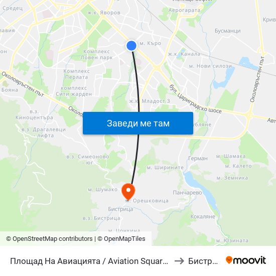 Площад На Авиацията / Aviation Square (1257) to Бистрица map