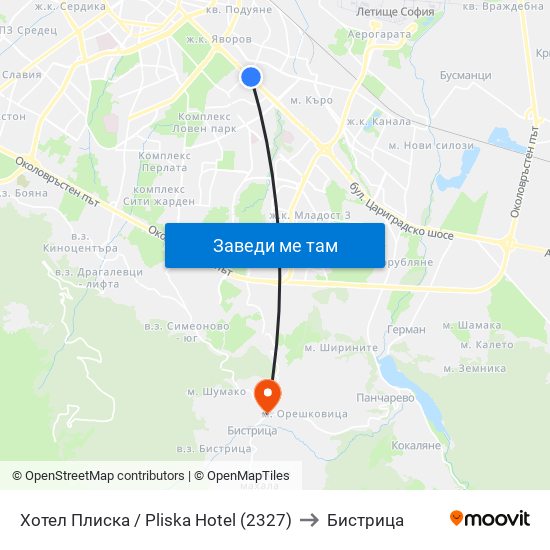 Хотел Плиска / Pliska Hotel (2327) to Бистрица map