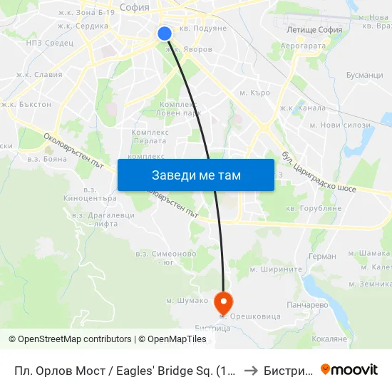 Ⓜ️ Пл. Орлов Мост / Eagles' Bridge Sq. (1289) to Бистрица map