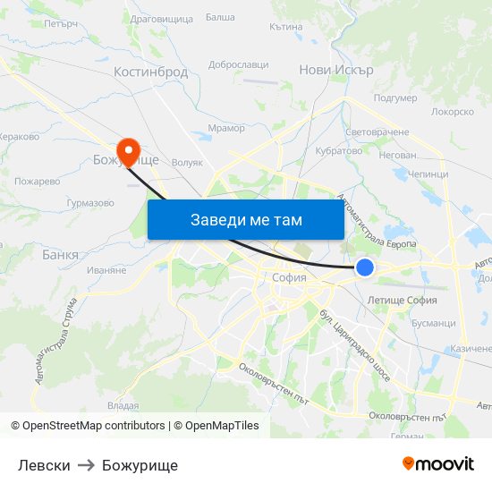 Левски to Божурище map