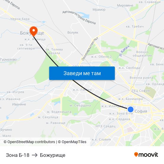 Зона Б-18 to Божурище map