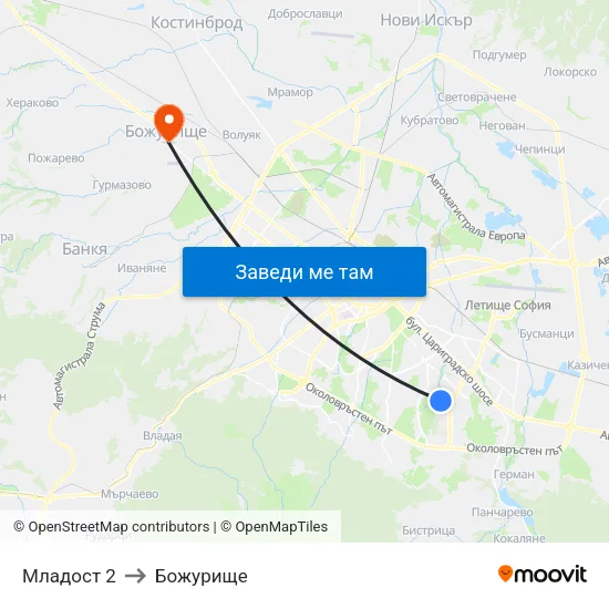 Младост 2 to Божурище map