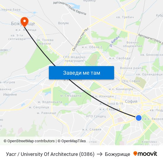 Уасг / University Of Architecture (0386) to Божурище map