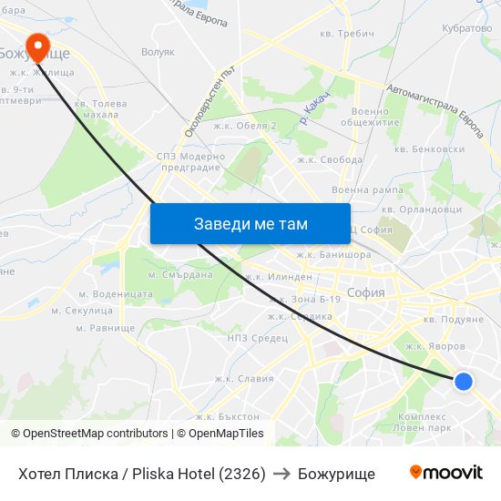 Хотел Плиска / Pliska Hotel (2326) to Божурище map