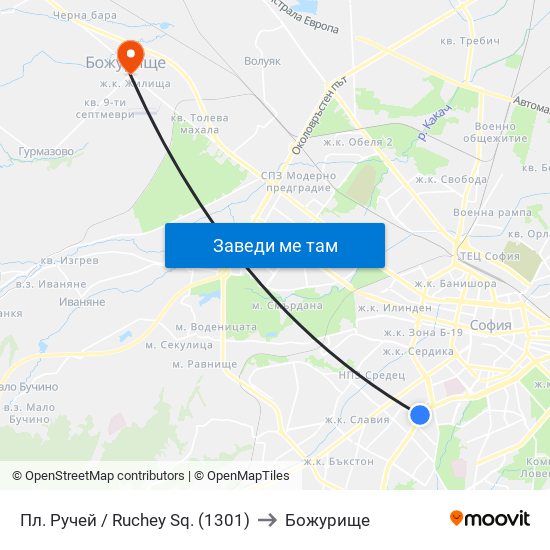 Пл. Ручей / Ruchey Sq. (1301) to Божурище map