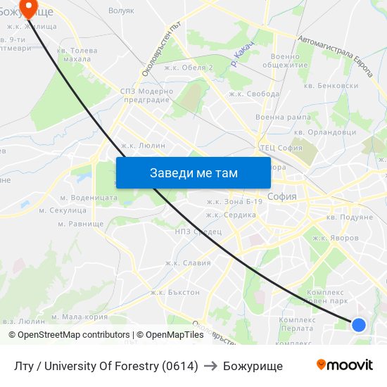 Лту / University Of Forestry (0614) to Божурище map