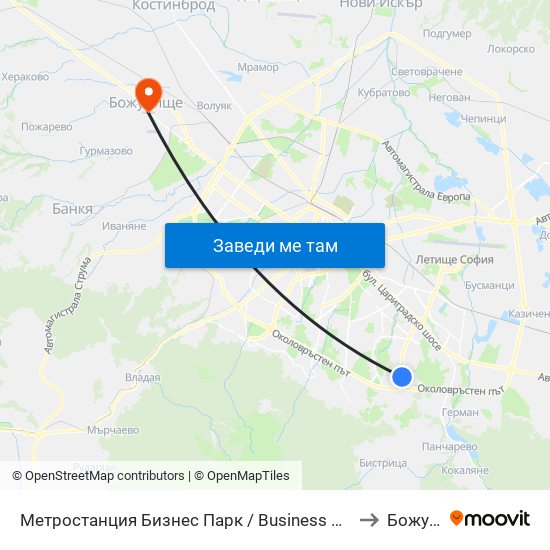 Метростанция Бизнес Парк / Business Park Metro Station (2490) to Божурище map