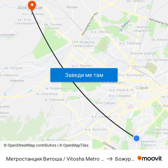 Метростанция Витоша / Vitosha Metro Station (2756) to Божурище map
