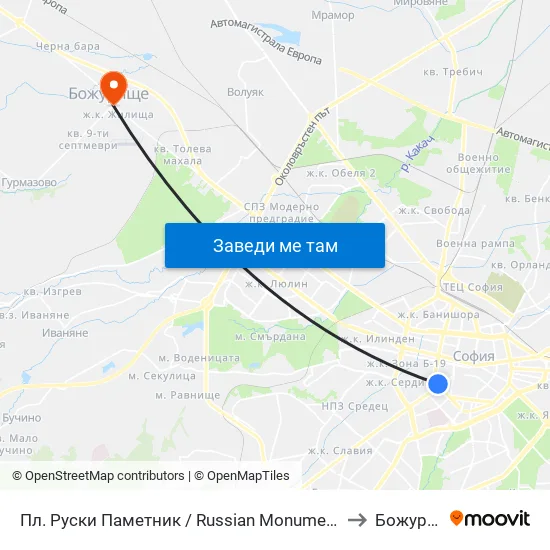Пл. Руски Паметник / Russian Monument Sq. (1295) to Божурище map