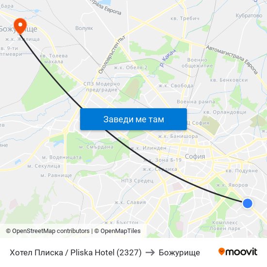 Хотел Плиска / Pliska Hotel (2327) to Божурище map
