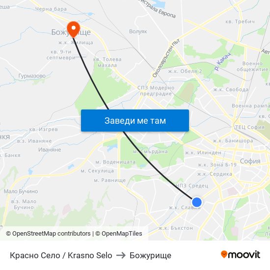 Красно Село / Krasno Selo to Божурище map