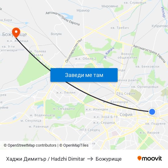 Хаджи Димитър / Hadzhi Dimitar to Божурище map