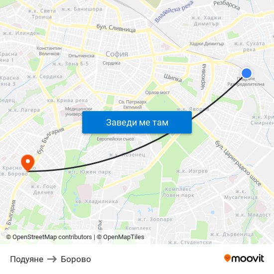 Подуяне to Борово map