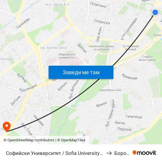 Софийски Университет / Sofia University (1698) to Борово map
