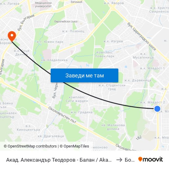 Акад. Александър Теодоров - Балан / Akademik Aleksandar Teodorov - Balan to Борово map