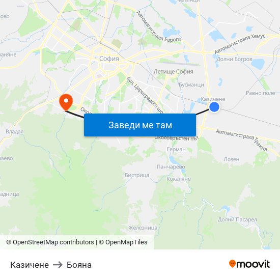 Казичене to Бояна map