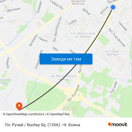 Пл. Ручей / Ruchey Sq. (1306) to Бояна map