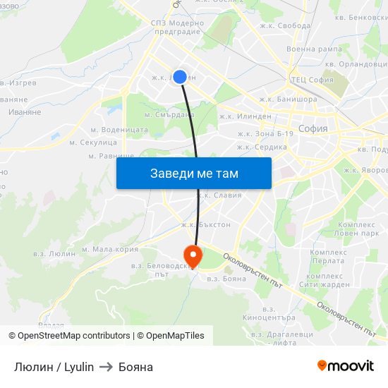 Люлин / Lyulin to Бояна map