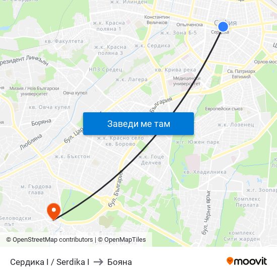 Сердика I / Serdika I to Бояна map