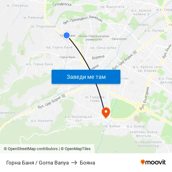 Горна Баня / Gorna Banya to Бояна map