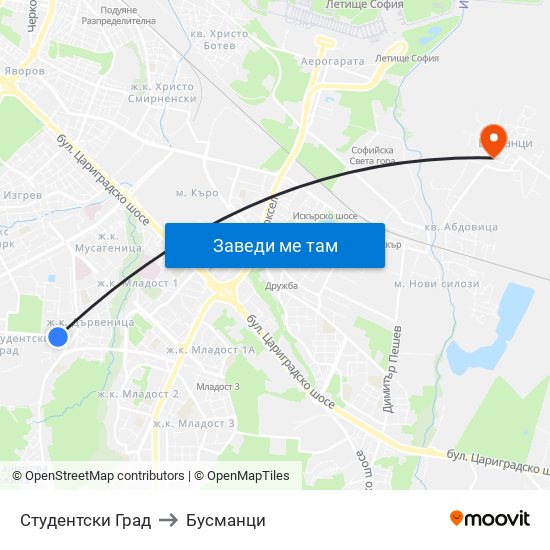 Студентски Град to Бусманци map