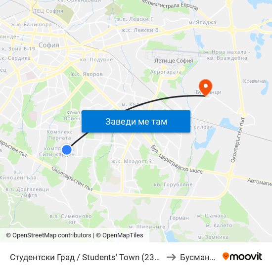 Студентски Град / Students' Town (2382) to Бусманци map