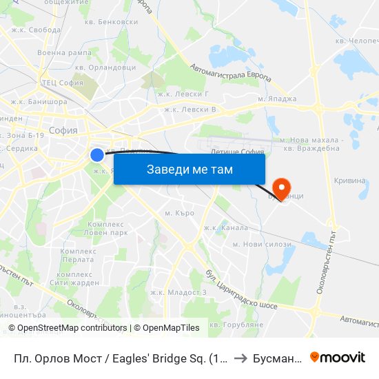 Пл. Орлов Мост / Eagles' Bridge Sq. (1290) to Бусманци map