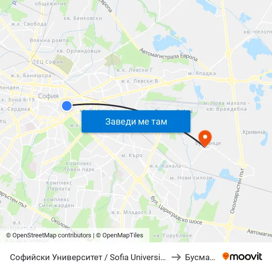 Софийски Университет / Sofia University (1699) to Бусманци map