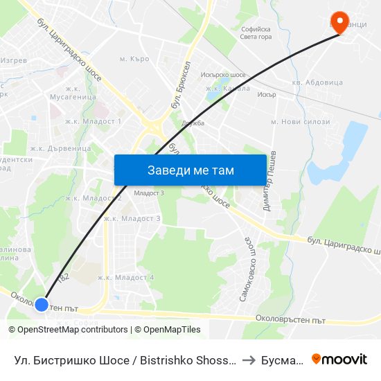 Ул. Бистришко Шосе / Bistrishko Shosse St. (0864) to Бусманци map