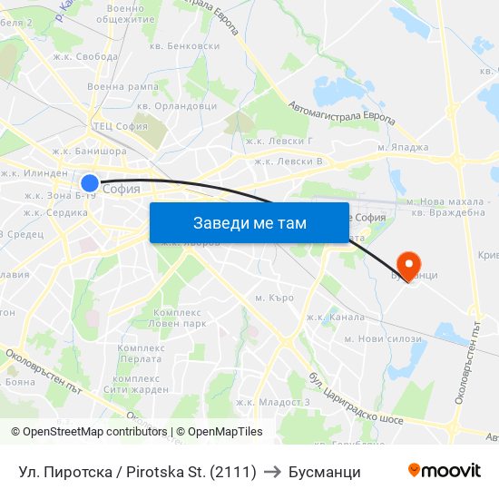 Ул. Пиротска / Pirotska St. (2111) to Бусманци map