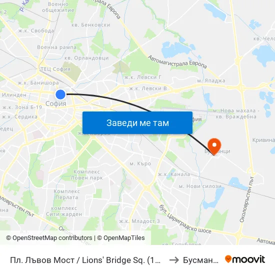 Ⓜ️ Пл. Лъвов Мост / Lions' Bridge Sq. (1278) to Бусманци map