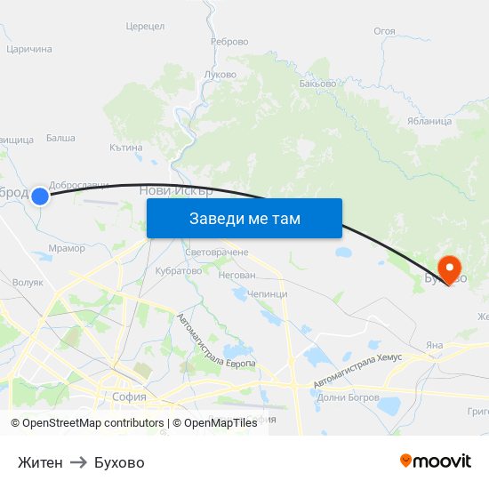 Житен to Бухово map