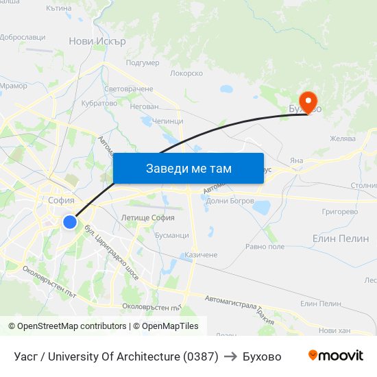 Уасг / University Of Architecture (0387) to Бухово map