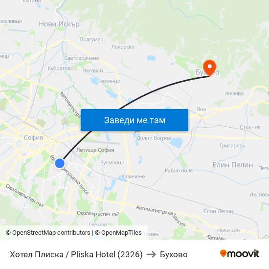 Хотел Плиска / Pliska Hotel (2326) to Бухово map