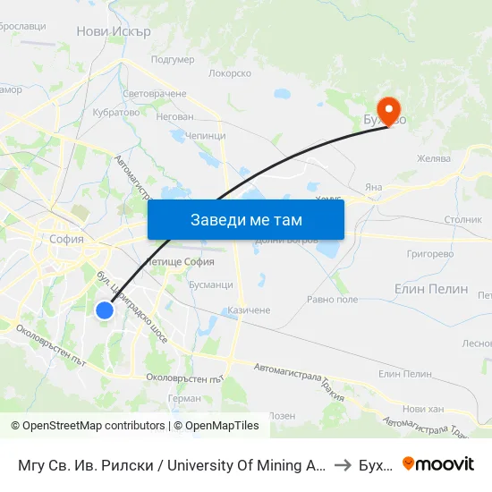 Мгу Св. Ив. Рилски / University Of Mining And Geology (1033) to Бухово map