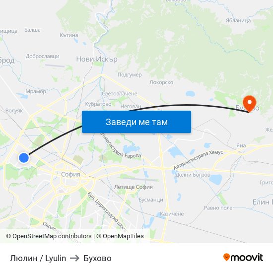 Люлин / Lyulin to Бухово map