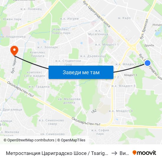Метростанция Цариградско Шосе / Tsarigradsko Shosse Metro Station (1016) to Витоша map