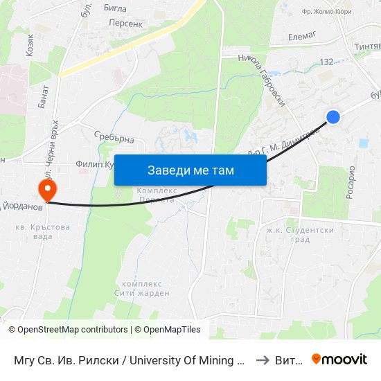 Мгу Св. Ив. Рилски / University Of Mining And Geology (1033) to Витоша map