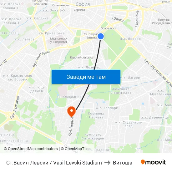 Стадион Васил Левски / Vasil Levski Stadium to Витоша map