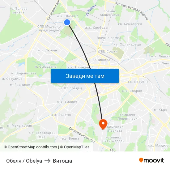 Обеля / Obelya to Витоша map