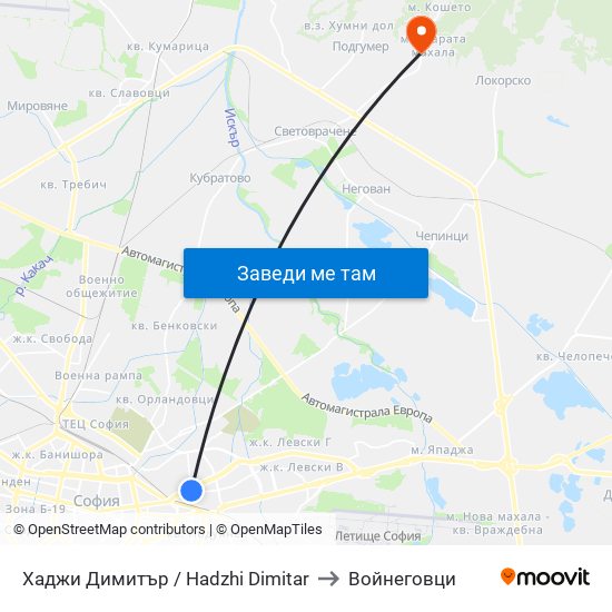 Хаджи Димитър / Hadzhi Dimitar to Войнеговци map