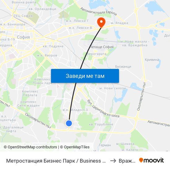 Метростанция Бизнес Парк / Business Park Metro Station (2490) to Враждебна map