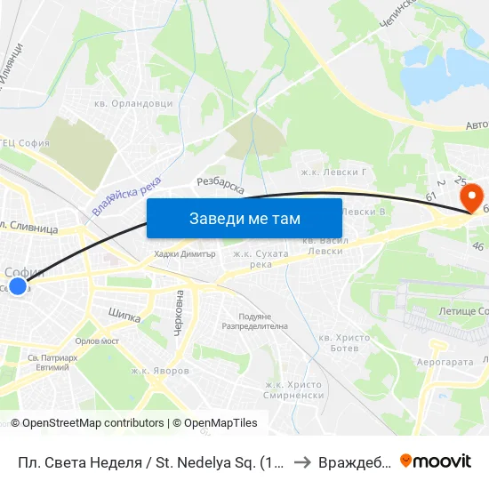 Пл. Света Неделя / St. Nedelya Sq. (1308) to Враждебна map