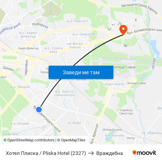 Хотел Плиска / Pliska Hotel (2327) to Враждебна map