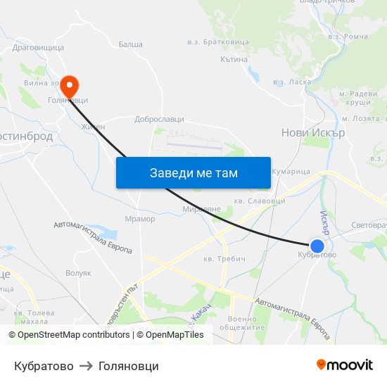 Кубратово to Голяновци map